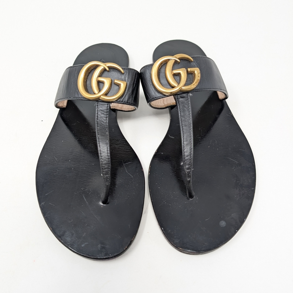 Gucci Black Marmont Thong Sandals Leather Size 36.5 Slides Flip Flops